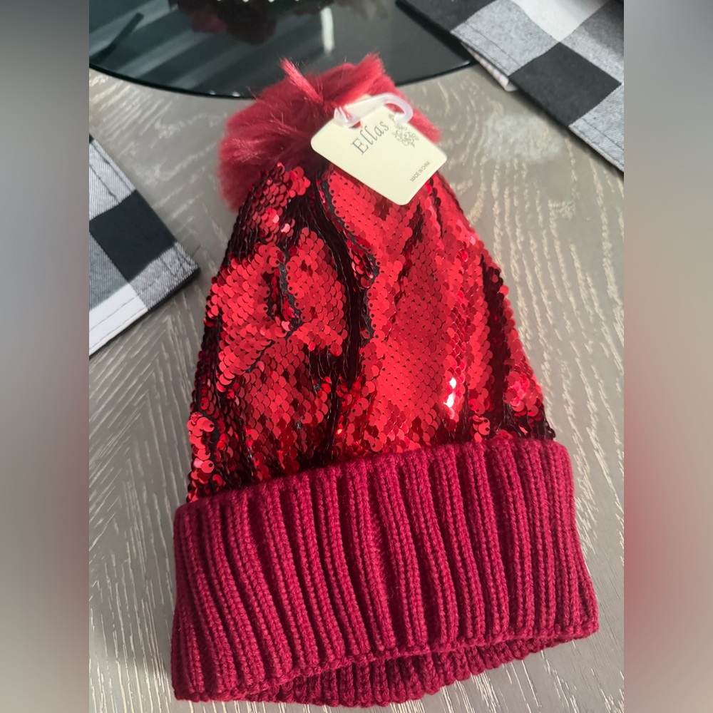 Ella Red Sequin Pom Knit Beanie